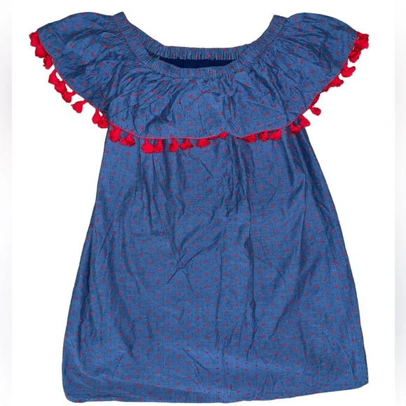 Cooper & Ella Dress Beatriz Blue Denim Pom Pom Off the Shoulder Mini Size Small - Picture 1 of 6